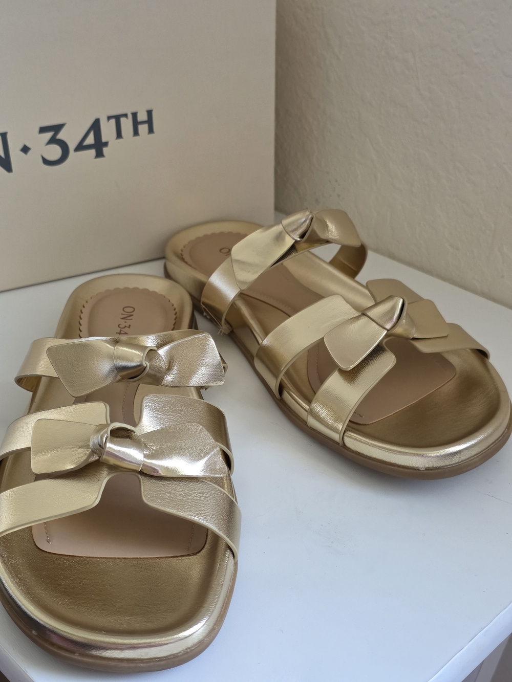 Metallic Gold Bow Slide Sandals - Women's Slip-On Comfort Ryelee Bow Slide Flat